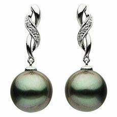 ESTATE .06CT DIAMOND & AAA TAHITIAN PEARL 14K WHITE GOLD SWIRL HANGING EARRINGS