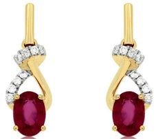1.2CT DIAMOND & AAA RUBY 14K YELLOW GOLD OVAL & ROUND LOVE KNOT HANGING EARRINGS