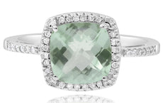 2.10CT DIAMOND & AAA GREEN AMETHYST 14KT WHITE GOLD CUSHION & ROUND SQUARE RING