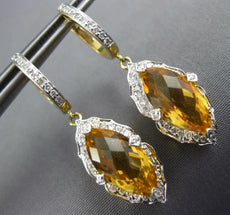 4.52CT DIAMOND & CITRINE 14K 2 TONE GOLD ROUND & MARQUISE LEAF HANGING EARRINGS