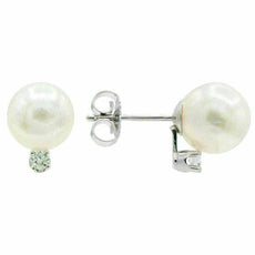 ESTATE .09CT DIAMOND AAA PEARL 14K WHITE GOLD 3D CLASSIC SOLITAIRE STUD EARRINGS