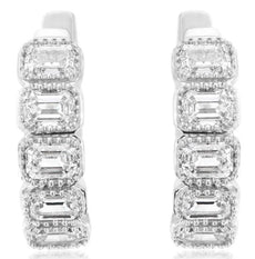 ESTATE 1.08CT DIAMOND 14KT WHITE GOLD EMERALD CUT 5 STONE HOOP HANGING EARRINGS