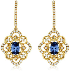 1.45CT DIAMOND AAA TANZANITE 14K YELLOW GOLD OVAL OPEN FILIGREE HANGING EARRINGS