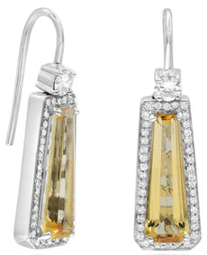 3.79CT DIAMOND & AAA CITRINE 14KT WHITE GOLD 3D EMERALD CUT FUN HANGING EARRINGS
