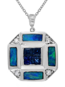 .30CT DIAMOND & AAA SAPPHIRE & OPAL 14KT WHITE GOLD 3D OCTAGON PYRAMID PENDANT