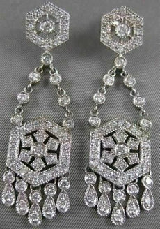 ANTIQUE 3.50CT DIAMOND 14K WHITE GOLD LONG FILIGREE FLOWER HANGING EARRINGS #835