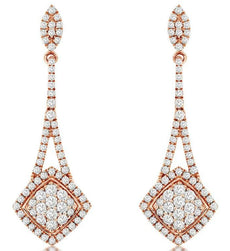 ESTATE 1.0CT DIAMOND 14KT ROSE GOLD 3D CLUSTER SQUARE DIAGONAL HANGING EARRINGS