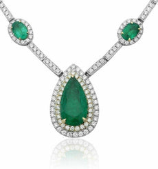 ESTATE 9.28CT DIAMOND & AAA EMERALD 18KT 2 TONE GOLD TEAR DROP TENNIS NECKLACE