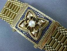 ANTIQUE WIDE BLUE ENAMEL & PEARL 14KT YELLOW GOLD BRACELET FILIGREE TASSEL #666