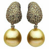 ESTATE LARGE 2.50CT MOCHA DIAMOND & AAA SOUTH SEA PEARL 18K YELLOW GOLD EARRINGS