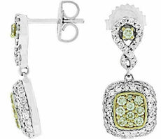 1.21CT WHITE & FANCY YELLOW DIAMOND 14K WHITE GOLD CLUSTER HANGING HALO EARRINGS
