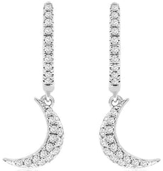 ESTATE .25CT DIAMOND 14KT WHITE GOLD 3D CLASSIC MOON CRESCENT HANGING EARRINGS