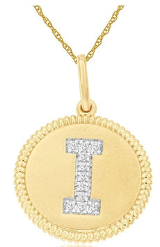 .05CT DIAMOND 14K 2 TONE GOLD I INITIAL ROUND MATTE & SHINY FUN FLOATING PENDANT