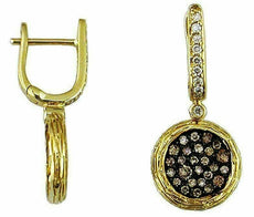 .76CT WHITE & CHOCOLATE FANCY DIAMOND 14KT YELLOW GOLD CLUSTER HANGING EARRINGS