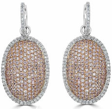LARGE 3.61CT WHITE & PINK DIAMOND 18K WHITE & ROSE GOLD 3D OVAL HANGING EARRINGS