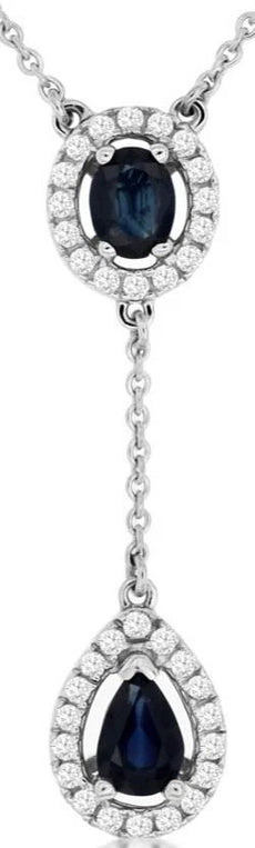 1.24CT DIAMOND & SAPPHIRE 14K WHITE GOLD OVAL PEAR SHAPE & ROUND LARIAT NECKLACE