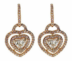2.13CT WHITE & PINK DIAMOND 18K ROSE GOLD HEART SHAPE HALO LOVE HANGING EARRINGS