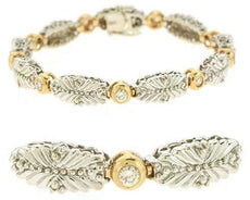 .93CT DIAMOND 14KT 2 TONE GOLD ROUND BEZEL FLORAL LINK FILIGREE TENNIS BRACELET