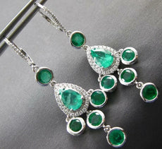 LARGE 6.03CT DIAMOND & AAA EMERALD 18KT WHITE GOLD 3D LEVERBACK HANGING EARRINGS