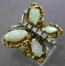 ANTIQUE LARGE 2.30CT DIAMOND & OPAL 14K TWO TONE GOLD HANDCRAFTED BUTTERFLY RING