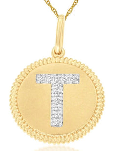 .05CT DIAMOND 14K YELLOW GOLD 3D CLASSIC T INITIAL CIRCULAR FUN FLOATING PENDANT