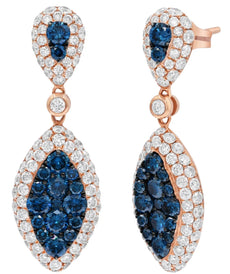 LARGE 3.17CT WHITE & BLUE DIAMOND 14KT ROSE GOLD TEAR DROP FUN HANGING EARRINGS