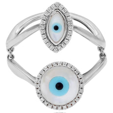 LARGE .15CT DIAMOND & AAA MOTHER OF PEARL 14K WHITE GOLD 3D DOUBLE EVIL EYE RING