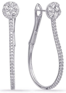 1.18CT DIAMOND 14KT WHITE GOLD 3D FLOWER TEAR DROP CLIP ON HOOP HANGING EARRINGS