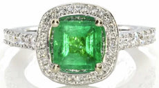 2.32CT DIAMOND & AAA EMERALD 18KT WHITE GOLD SQUARE & ROUND SOLITAIRE HALO RING