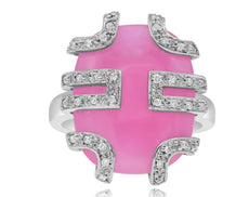 ESTATE .11CT DIAMOND & AAA PINK JADE 18KT WHITE GOLD OVAL & ROUND FUN RING