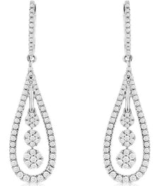 ESTATE .69CT DIAMOND 14KT WHITE GOLD 3D MULTI FLOWER TEAR DROP HANGING EARRINGS