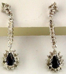 1.06CT DIAMOND & AAA SAPPHIRE 14K WHITE GOLD PEAR SHAPE & ROUND HANGING EARRINGS