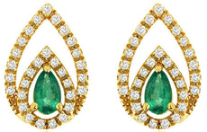 0.67CT DIAMOND & AAA EMERALD 14KT YELLOW GOLD 3D PEAR SHAPE & ROUND STUD EARRINGS