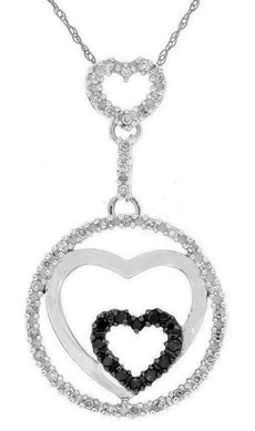 .21CT WHITE & BLACK DIAMOND 14K WHITE GOLD TRIPLE HEART CIRCLE OF LIFE PENDANT