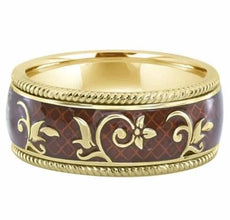 ESTATE WIDE RED ENAMEL 18K YELLOW GOLD 3D MULTI FLOWER ETERNITY ANNIVERSARY RING