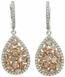 LARGE 3.02CT WHITE & PINK DIAMOND 18K WHITE ROSE GOLD TEAR DROP HANGING EARRINGS