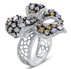 EXTRA LARGE 6.85CT WHITE & MULTI COLOR MULTI SHAPE DIAMOND 18KT WHITE GOLD RING
