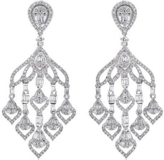 LARGE 2.06CT DIAMOND 18K WHITE GOLD ROUND & BAGUETTE CHANDELIER HANGING EARRINGS