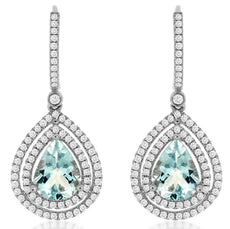 3.45CT DIAMOND & AAA AQUAMARINE 14KT WHITE GOLD PEAR SHAPE HALO HANGING EARRINGS