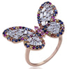 1.56CT DIAMOND & AAA MULTI COLOR SAPPHIRE 18K YELLOW GOLD 3D BUTTERFLY LOVE RING