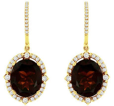 LARGE 11.7CT DIAMOND & AAA GARNET 14KT YELLOW GOLD 3D OVAL HALO HANGING EARRINGS