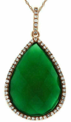 .18CT DIAMOND & AAA GREEN AGATE 14K ROSE GOLD TEAR DROP CLASSIC HALO FUN PENDANT
