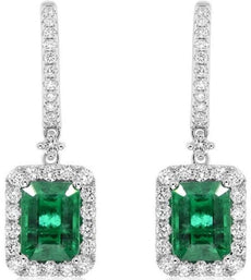 4.68CT DIAMOND & AAA EMERALD 18KT WHITE GOLD 3D SQUARE & ROUND HANGING EARRINGS