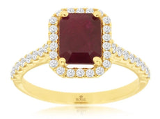 2.20CT DIAMOND & AAA RUBY 14KT YELLOW GOLD EMERALD CUT & ROUND HALO OCTAGON RING