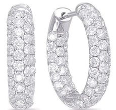 LARGE 3.11CT DIAMOND 14KT WHITE GOLD 3 ROW INSIDE OUT PAVE HOOP HANGING EARRINGS