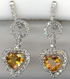 1.65CT DIAMOND & AAA CITRINE 14KT WHITE GOLD 3D HEART SHAPE & ROUND FUN EARRINGS