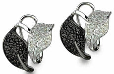 1.0CT WHITE & BLACK DIAMOND 14KT WHITE GOLD 3D FLORAL LEAF LOVE CLIP ON EARRINGS