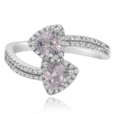 1.12CT DIAMOND & AAA PINK QUARTZ 14KT WHITE GOLD 3D TRILLION & ROUND LOVE RING