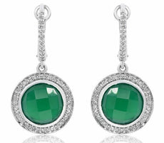 6.88CT DIAMOND & AAA GREEN AGATE 14K WHITE GOLD ROUND LEVERBACK HANGING EARRINGS