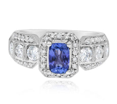 1.83CT DIAMOND & AAA TANZANITE 18KT WHITE GOLD CUSHION & ROUND SQUARE HALO RING
